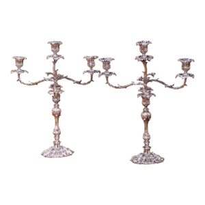 Pair of French Rococo Style Silver Plated Three-Light Candelabras