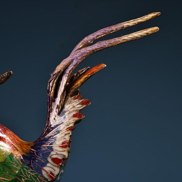 Blue Vintage Chinese Cloisonné Enamel & Gilt Bronze Rooster Sculpture on Stand For Sale - Image 8 of 10