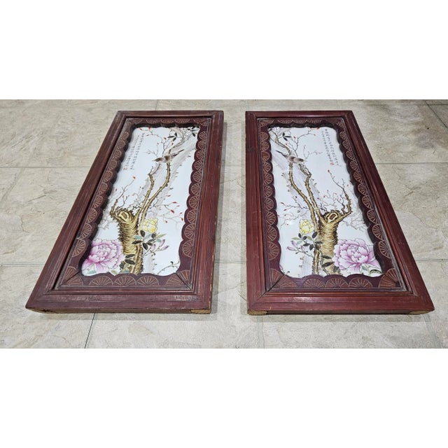 Mid-Century Pair of Chinese Famille Rose Porcelain Plaques Carved Wood Frames For Sale - Image 4 of 11
