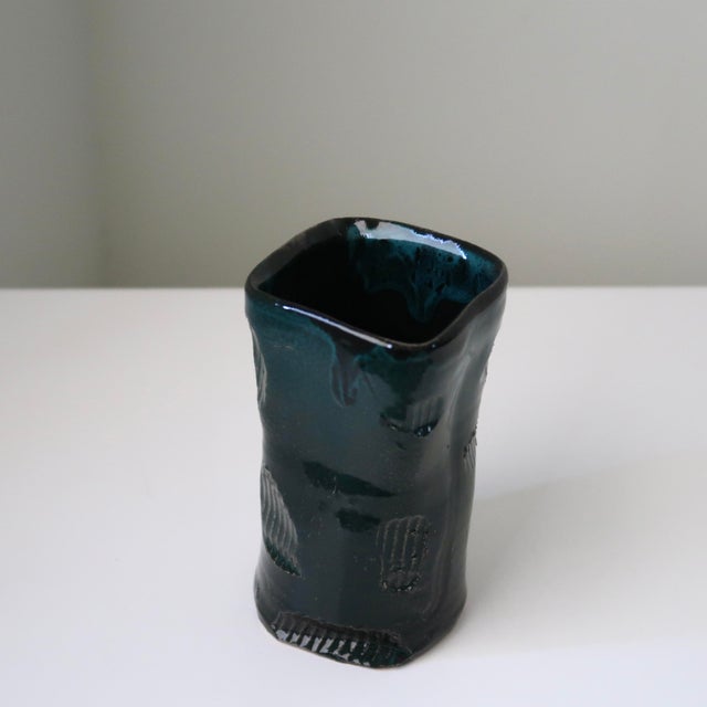 Handbuilt Organic Sculptural Pinched Square Rim Ceramic Vase in Dark Teal Glaze With Ribbed Relief Pattern For Sale - Image 9 of 18
