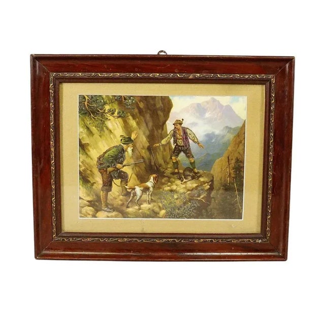 Antique Oil Print with Dramatic Poacher Scene after Josef Ringeisen A colorful oil print depicting a dramatic poaching...
