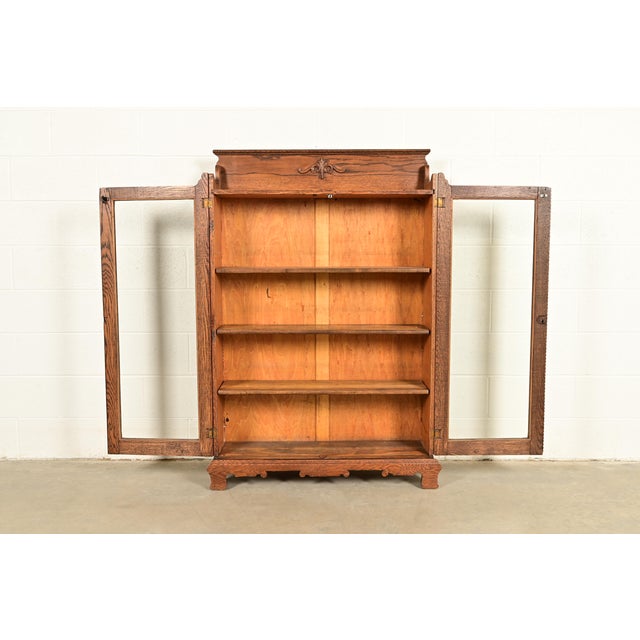 Early 20th Century Antique Victorian Two-Door Carved Oak Bookcase Cabinet, Circa 1900 For Sale - Image 5 of 13