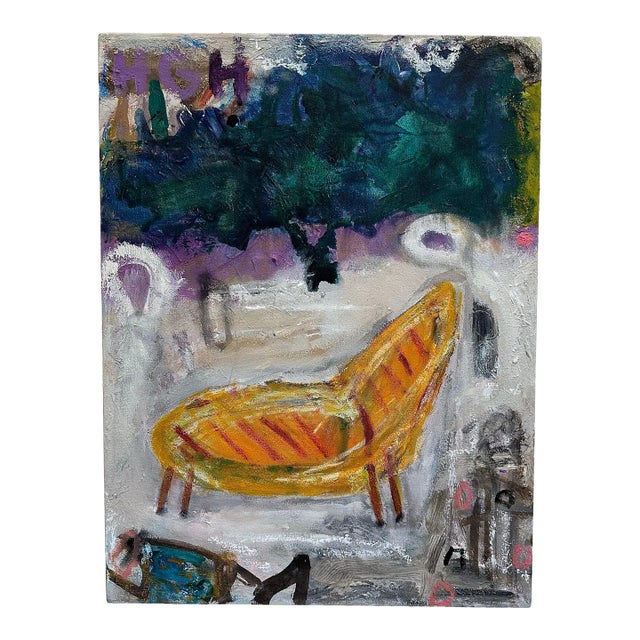 Colorful Painting of an Outdoor Chaise Longue For Sale