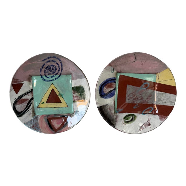 Pair of 1980s Vintage Handmade Abstract Wall Art Ceramic Plates by Larry H. For Sale