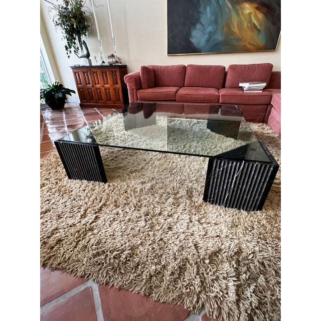 2000 - 2009 Minimalist Custom Made Italian Fluted Marble and Glass Coffee Table For Sale - Image 5 of 7