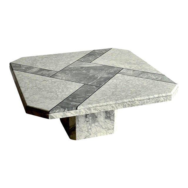 1970s Italian Carrara & Bardiglio Marble Inlaid Coffee Table For Sale