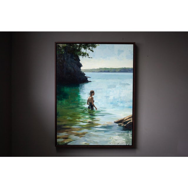 Wood Contemporary Between Sea and Sky by Jon Doran | Oil on Panel Woman Wading Into a Cornish Cove For Sale - Image 7 of 9
