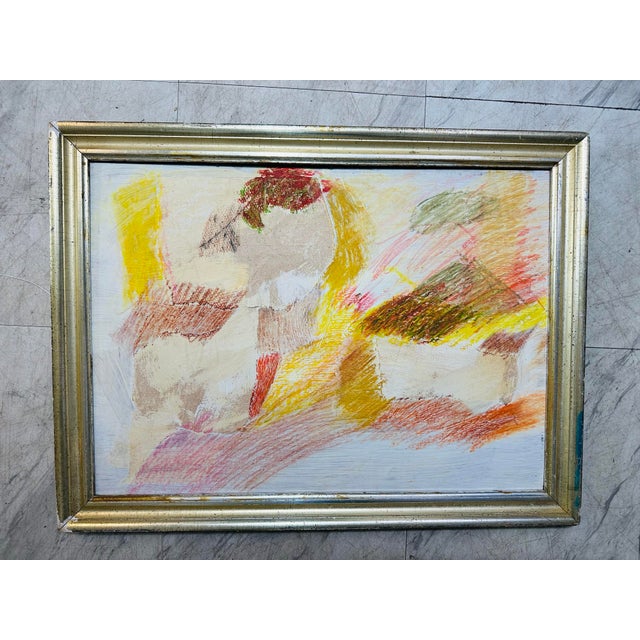 This is a mid-century modern abstract painting in a vintage gilt wood frame. The composition is loose and expressive,...