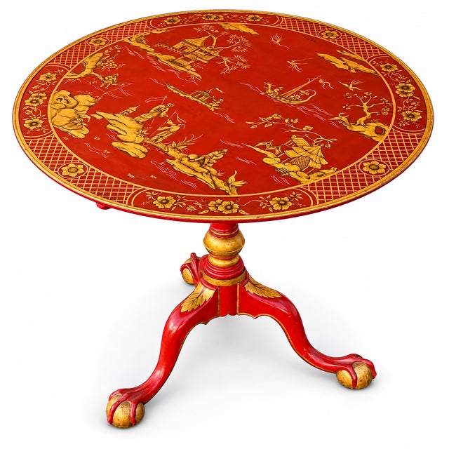 English Georgian Style Red Lacquer and Gilt Chinoiserie Tilt-Top Tripod Table For Sale In Atlanta - Image 6 of 8