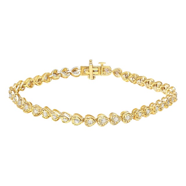 10K Yellow Gold Plated .925 Sterling Silver 1.0 Cttw Miracle Set Diamond Heart-Link 7" Tennis Bracelet For Sale