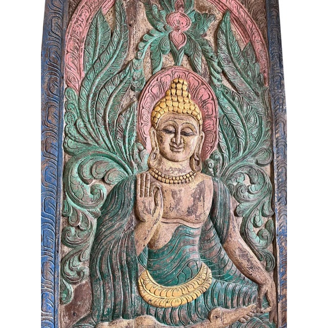 Mid-Century Modern Vintage Carved Buddha Blessing Wall Panel – Antique Wooden Barn Door Art 83x36 For Sale - Image 3 of 7