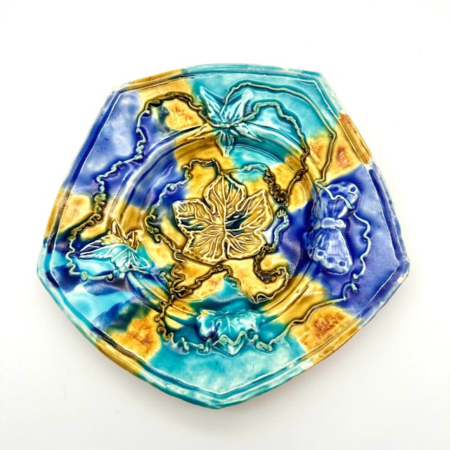 Early 21st Century Studio Pottery Pentagon Majolica Decorative Plate Blue & Yellow For Sale - Image 4 of 8