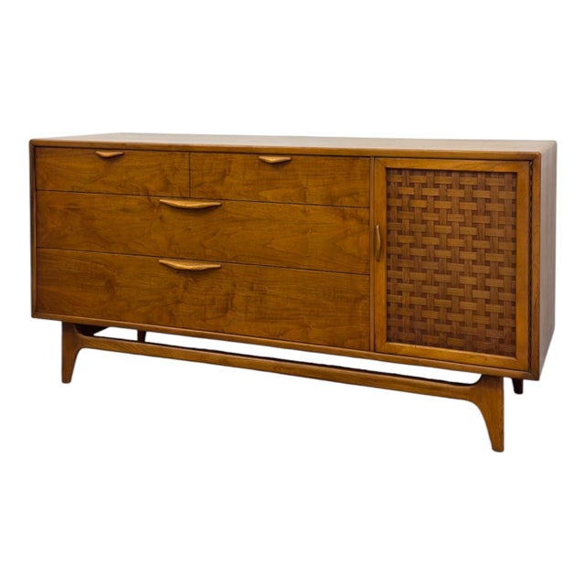 1970s Vintage Mid Century Modern Lane Perception Walnut Lowboy Dresser Credenza With Basketweave Door.. For Sale - Image 5 of 10