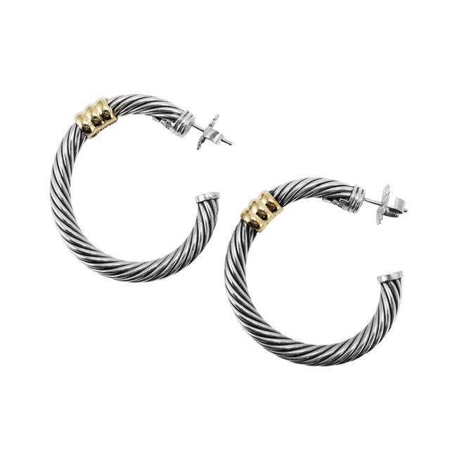 Metal Vintage David Yurman 14k Yellow Gold 925 Silver Two-Tone Metro Hoop Earrings, A Pair For Sale - Image 7 of 8