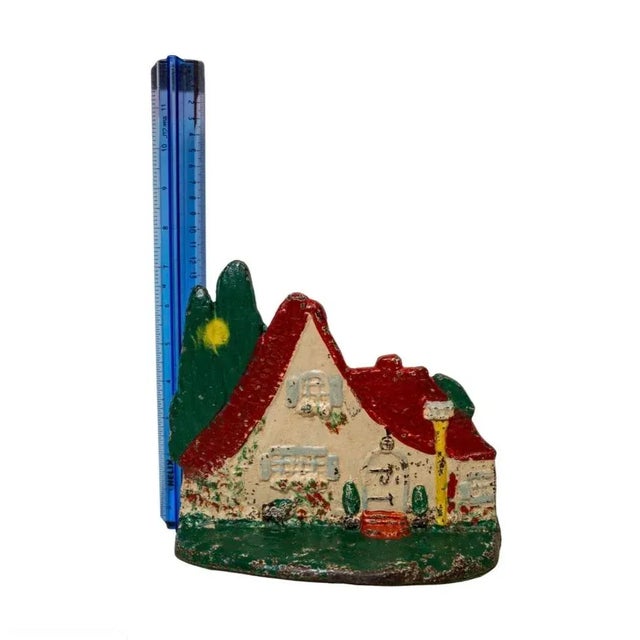 Metal Early 20th Century Sloped Roof Cottage Painted Cast Iron Doorstop For Sale - Image 7 of 8