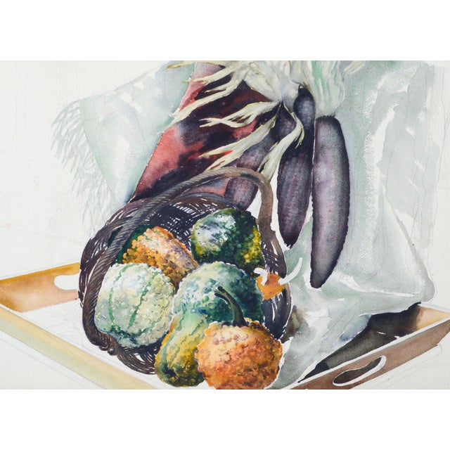 Fall still life with squash by Joseph Yeager (early-mid 20th Century) on heavy bond watercolor paper with ragged edges. No...