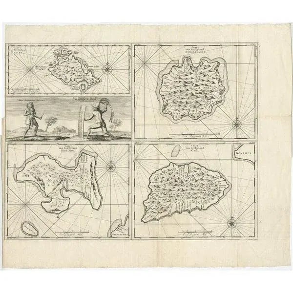 Antique map titled 'Caart van het Eyland Manipa, Noessa-Laoet, Honimoa, Oma. Der Manipesen dracht, een Orangkaya van...