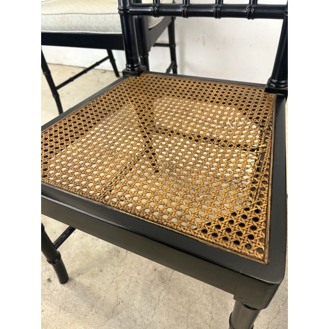 Set of 4 Mid Century Faux Bamboo Dining Chairs With Caned Seat & Tufted Cushions For Sale - Image 9 of 12