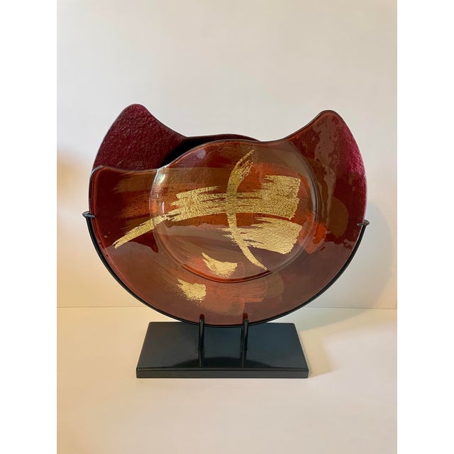 Abstract Jasmine Art Glass 15" Fused Glass Crescent Bowl Vase With Metal Stand - Red/Gold For Sale - Image 3 of 5