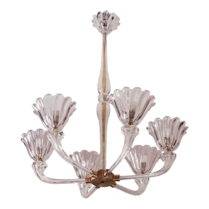 Mid-Century Venetian Art Deco Murano Blown Glass Six-Light Chandelier by Seguso