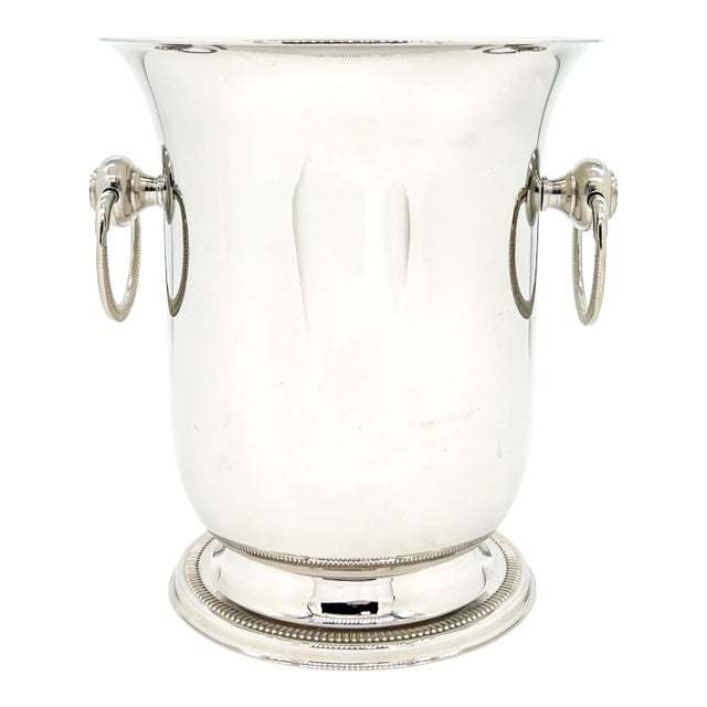 Vintage French Jean Couzon Stainless Steel Champagne Bucket / Wine Cooler With Ring Handles – Hollywood Regency / Neoclassical For Sale