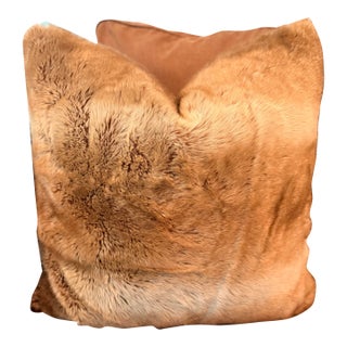 Pair of Oversized Pottery Barn Caramel Faux Fur Pillows With Velvet Backs 27x27 For Sale