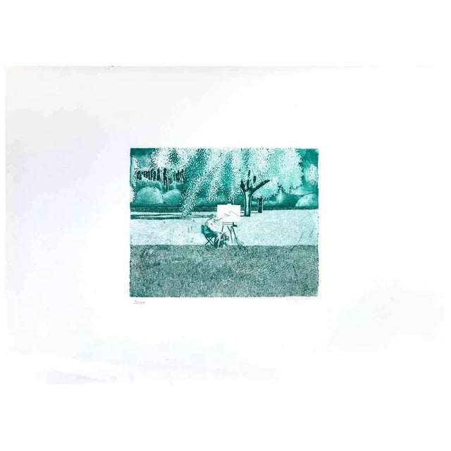 The Artist in Green is an etching on paper realized by Giorgio Ramella in the 1970s. Hand-signed, illegible, and numbered,...