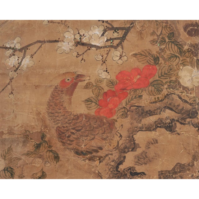 Wood 18th C. Japanese Edo Two-Panel Screen Pheasants Floral Landscape For Sale - Image 7 of 18