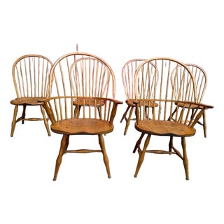 Late 20th Century Bent Brothers Colonial Style Bow Back Windsor Oak Wood Dining Chairs For Sale