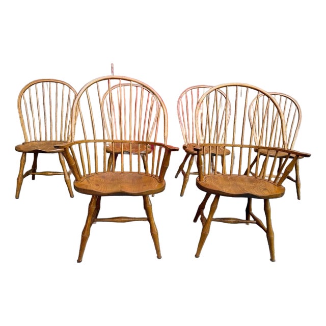 Late 20th Century Bent Brothers Colonial Style Bow Back Windsor Oak Wood Dining Chairs For Sale