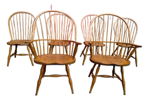 Late 20th Century Bent Brothers Colonial Style Bow Back Windsor Oak Wood Dining Chairs