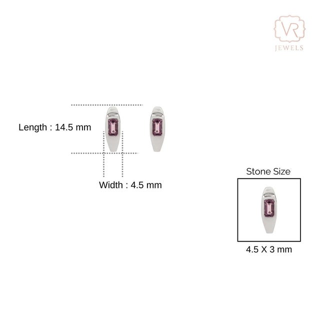 Pink Geometric Emerald-Cut Natural Pink Sapphire Huggie Hoop Earrings 14k White Gold- A Pair For Sale - Image 8 of 11
