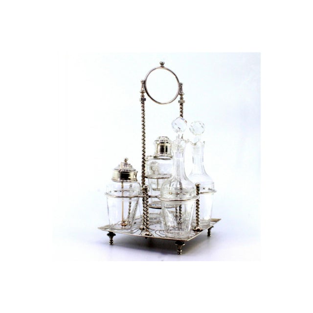 American Silver and Glass Cruet Set with Scrollwork, Salt Shaker, Pepper Shaker and Mustard Shaker, Set of 6 For Sale - Image 3 of 7