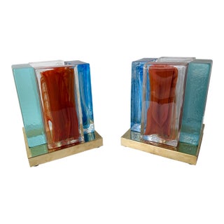Contemporary Pair of Lamps Cubic Pennellate Murano Glass and Brass, Italy For Sale