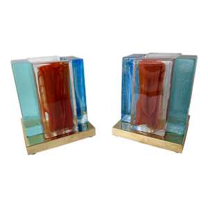 Contemporary Pair of Lamps Cubic Pennellate Murano Glass and Brass, Italy
