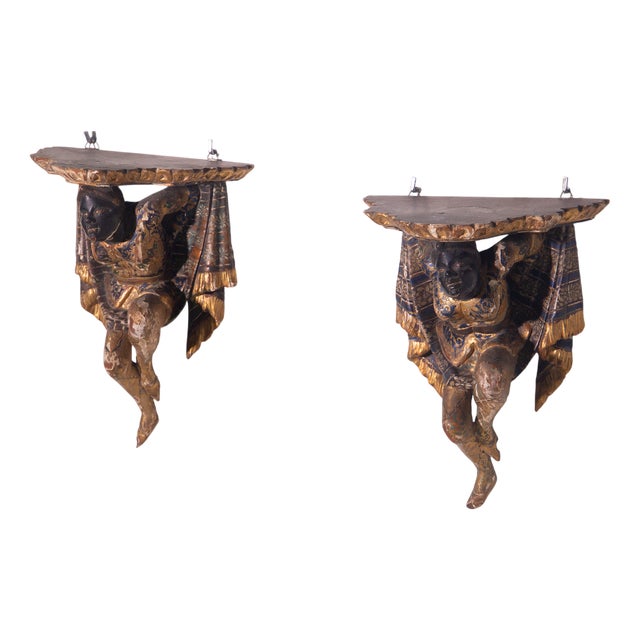 Antique Italian Venetian Polychrome Wall Consoles, 1800, Set of 2 For Sale
