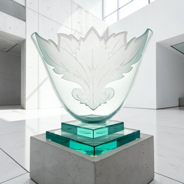 A signed Robert Guenther art-glass vase or bowl dating to circa 1990, distinguished by an architectural combination of...