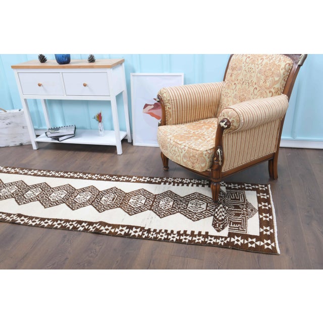 White Vintage Turkish Hand-Knotted Wool Cotton White Runner Rug For Sale - Image 8 of 9