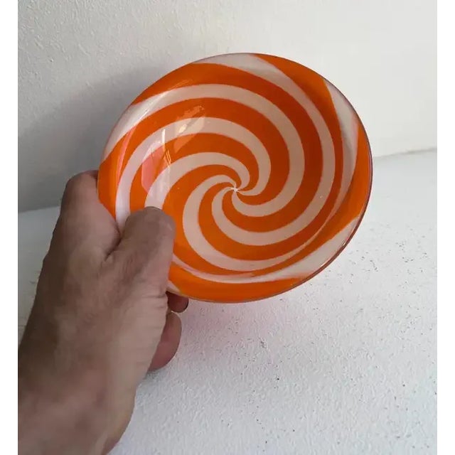 Mid 20th Century Mid 20th Century Murano Glass Dish with Tangerine Optic Swirls For Sale - Image 5 of 9