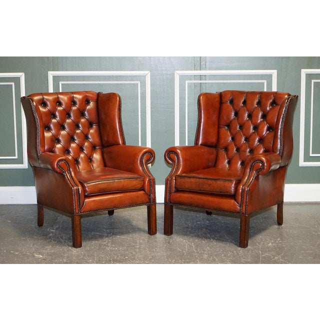 Hand-Dyed Burgundy Brown Leather Wingback Chairs, Set of 2 For Sale - Image 6 of 8