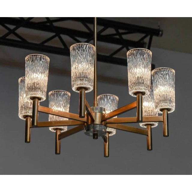 Brass Eight Arms Chandelier with Clear Art Glass Vases by Markaryd, Sweden, 1970s For Sale - Image 6 of 8