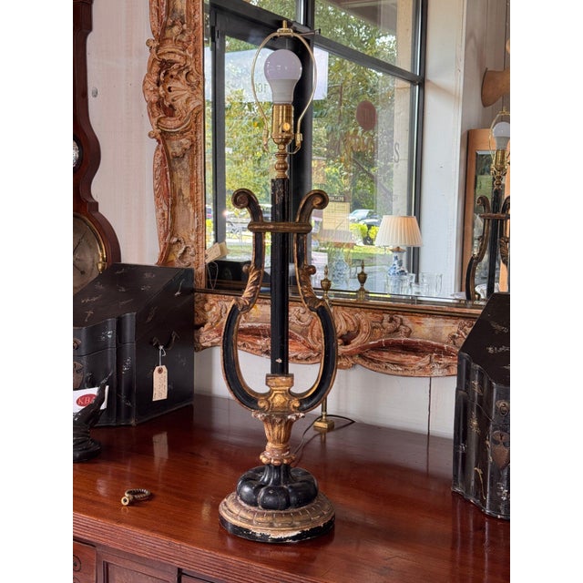 Vintage Italian Ebonized and Gilt Lyre Form Lamp For Sale - Image 10 of 12