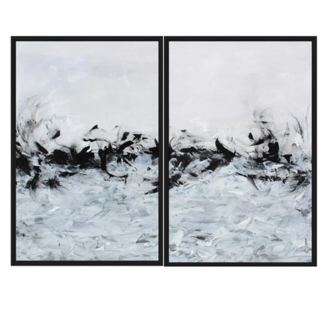Metal Black White Modern Abstract Framed Canvas Art Print Large Set For Sale - Image 7 of 7