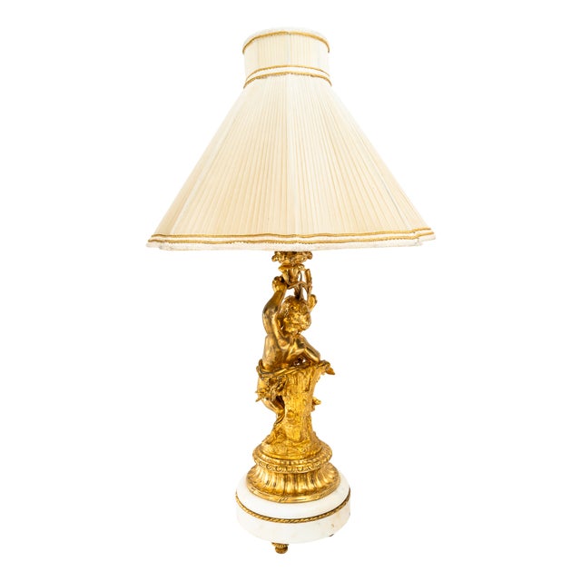 Historistic Fire Gilted Bronze Table Lamp with Fabric Shade, France, 1890s For Sale