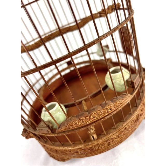 1980's Vintage Intricately Hand Made Bamboo Bird Cage With Celadon Feeders and Dragons For Sale - Image 9 of 11