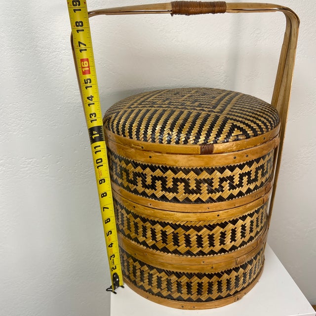 Vintage Double Happiness 3 Tier Woven Wedding Tiffin Basket For Sale - Image 11 of 12