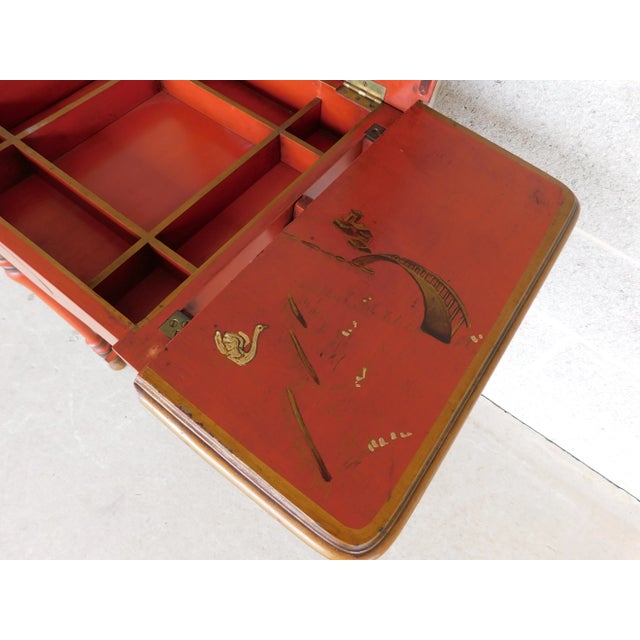 Red Vintage Chinoiserie Paint Decorated Vanity With Lift Center Mirror For Sale - Image 8 of 13