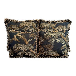 Late 20th Century Silk Chinoiserie Fringed and Corded Embroidered Pillows With Bonsai - 4 Pieces For Sale