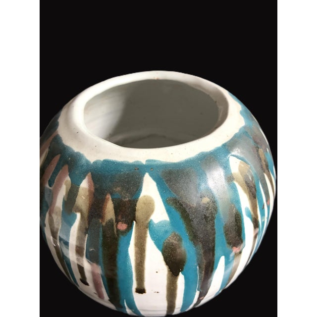 1960s Signed 1960s Mid Century Blue and White Ceramic Vase / Modernist Art Studio Pottery Drip Glaze For Sale - Image 5 of 10
