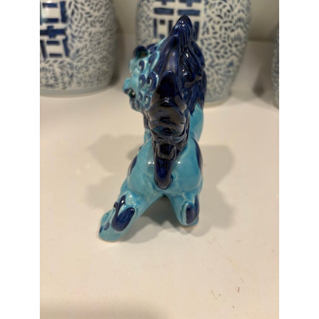 Late 20th Century Vintage Turquoise Blue Ceramic Foo Dog Guardian Lion Figurine For Sale - Image 5 of 8
